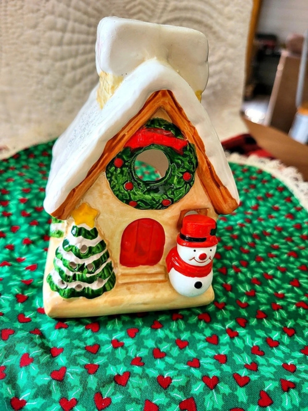 Christmas Birdhouse Figurine Holiday Decor White & Green